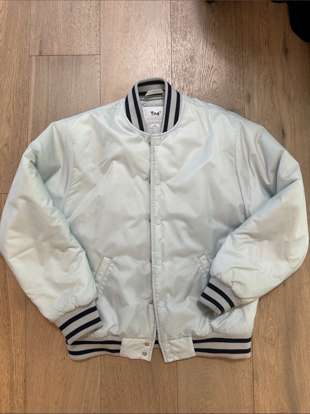 TNA Pale Blue Varsity Bomber Jacket with Navy-Striped Ribbing